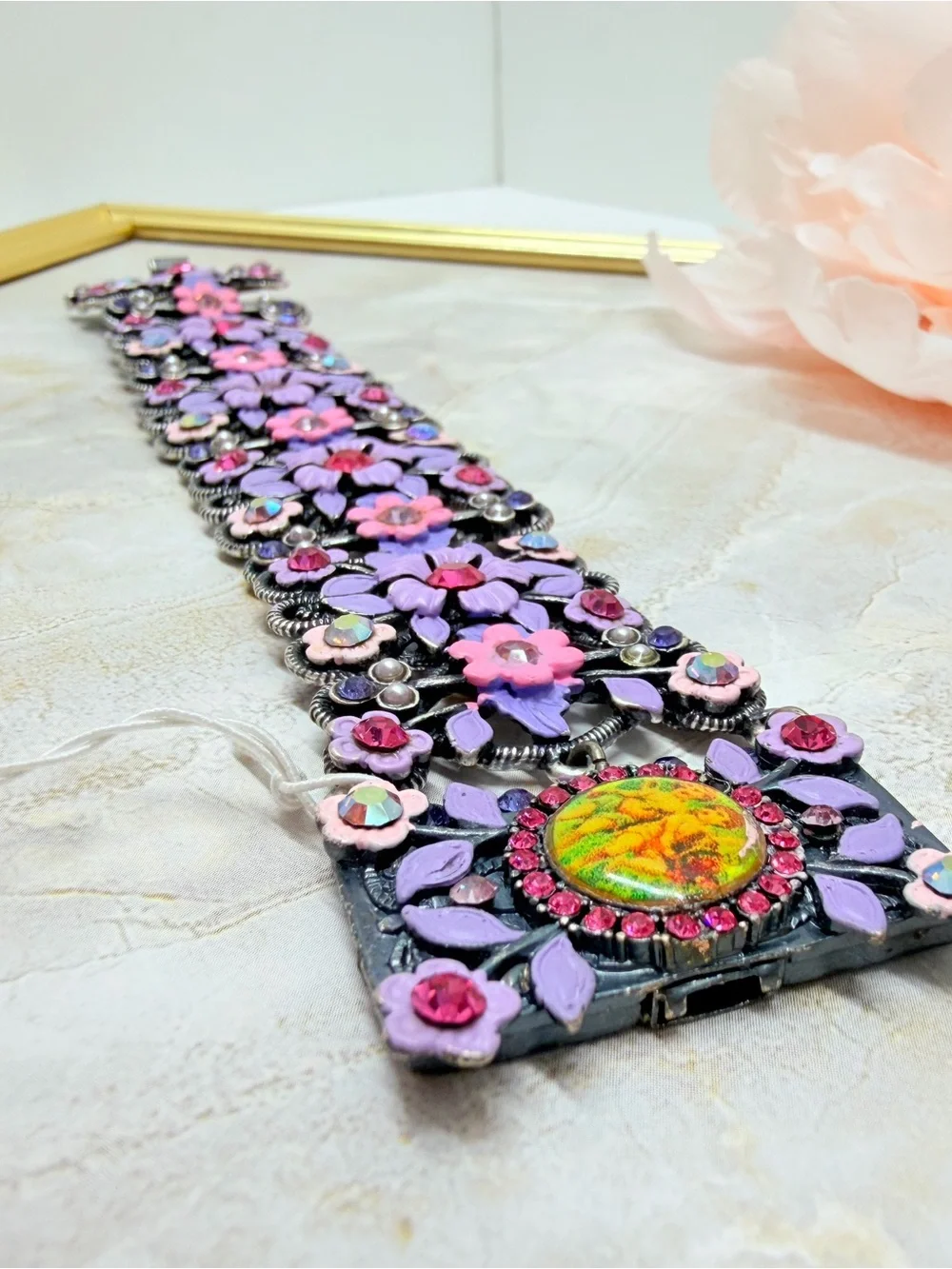 Vintage wide bracelet signet Michal Negrin,Silver purple flowers with crystal